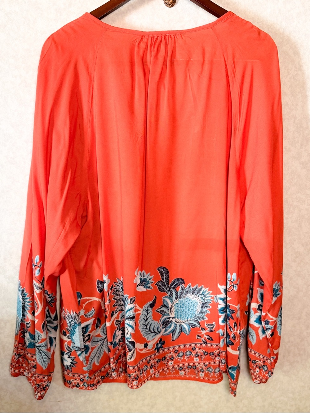 Chico’s Orange Floral Boho Beaded Blouse V-Neck Tassel Tie Front Long Sleeve XL - Picture 4 of 16